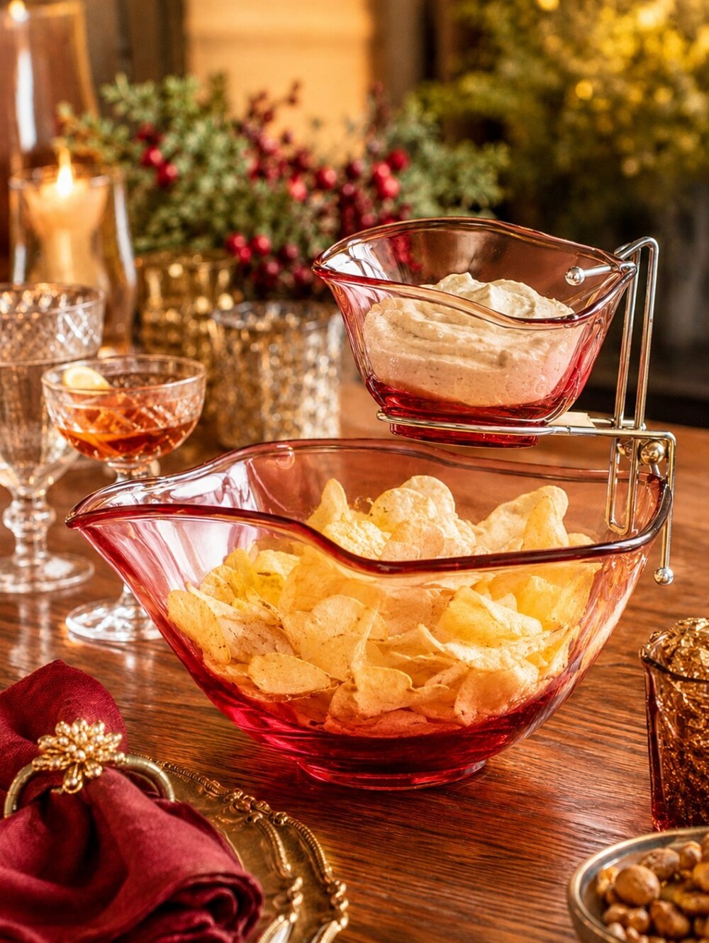 1960s Indiana Glass Ruby Chip & Dip Set With Metal Bracket